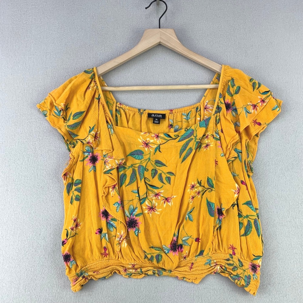 a.n.a Floral Blouse Women XL Yellow Boho Ruffle Smocked Crop Top